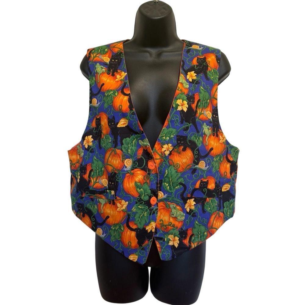 Handmade Halloween Vest Black Cats Pumpkins Frogs Snails Witchy Spooky Unique L